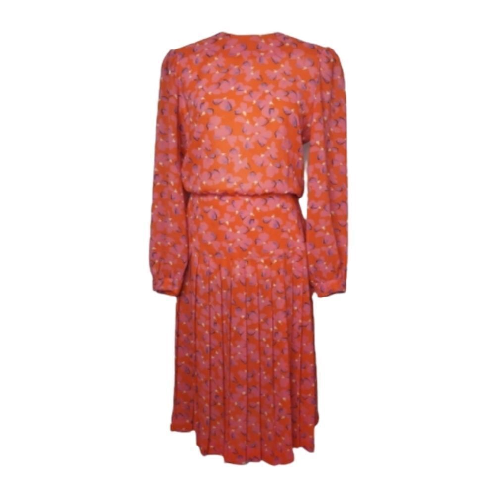 VINTAGE 80s dress red floral‎ pleated button back polyester midi M